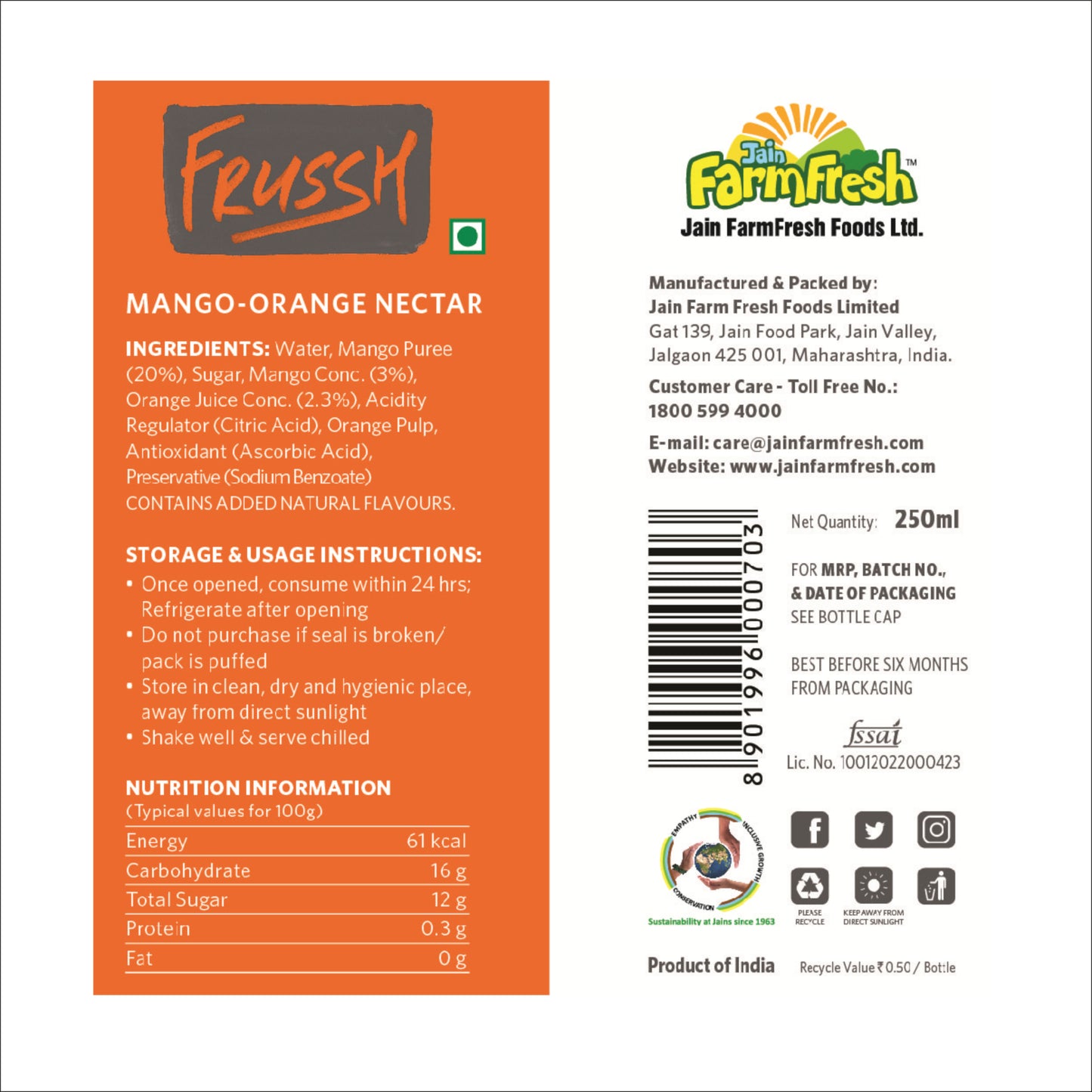 FRUSSH Orange Mango Juice – 250ml (Pack of 8)