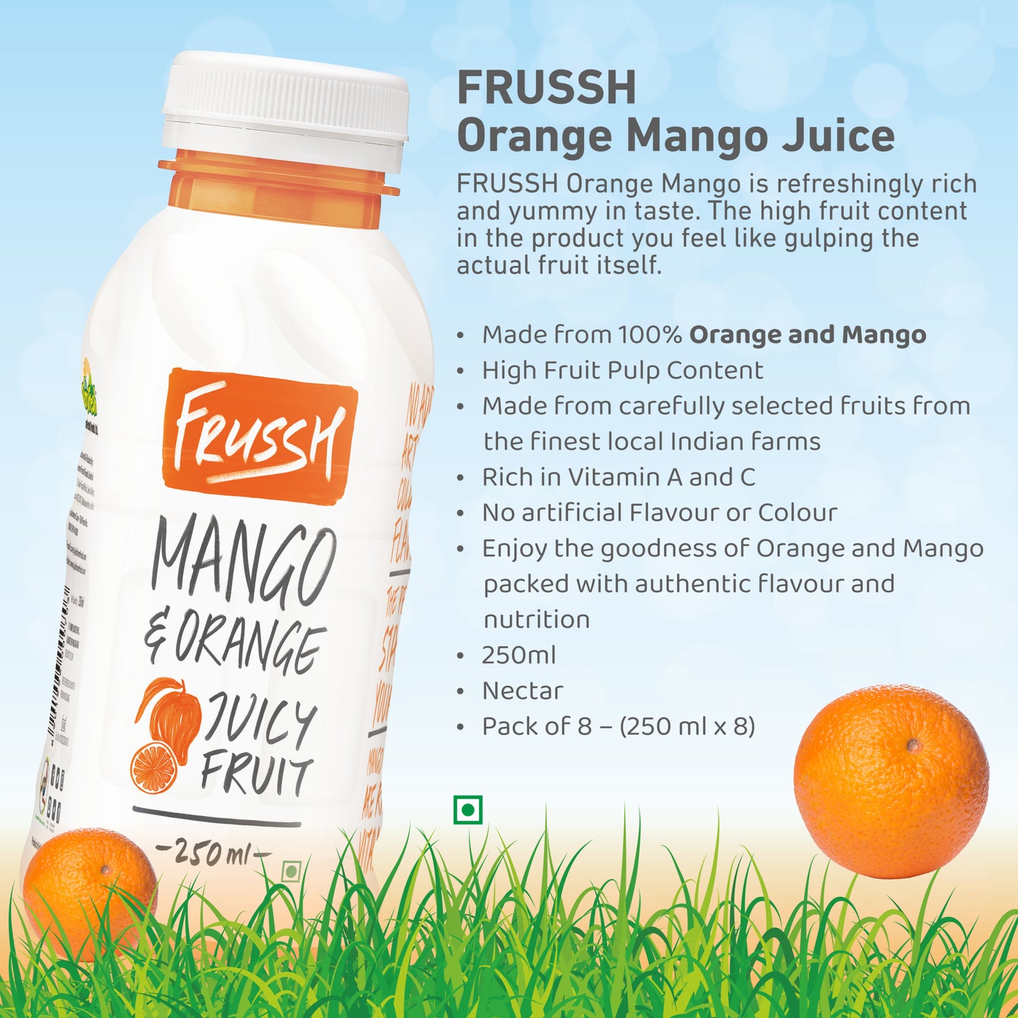 FRUSSH Orange Mango Juice – 250ml (Pack of 8)