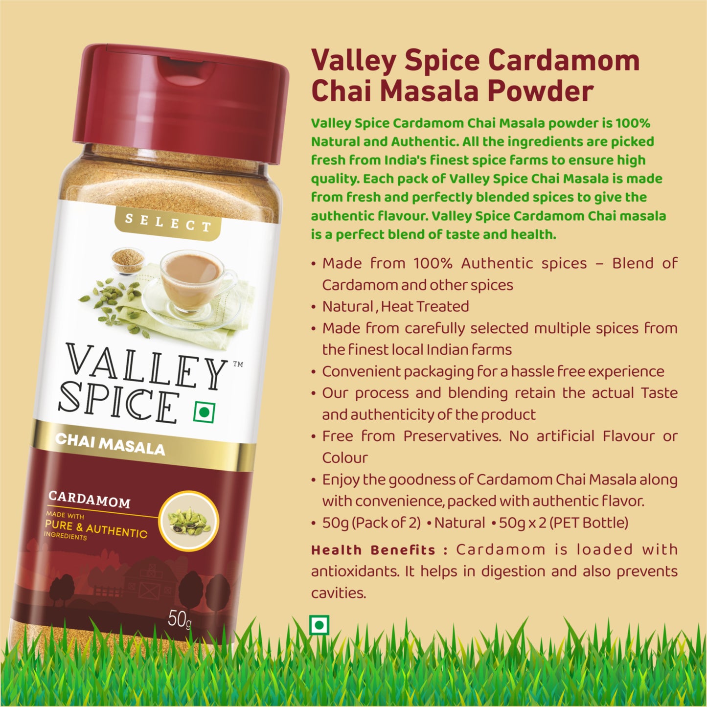 Valley Spice Cardamom Chai Masala Powder – 50g (Pack of 2)