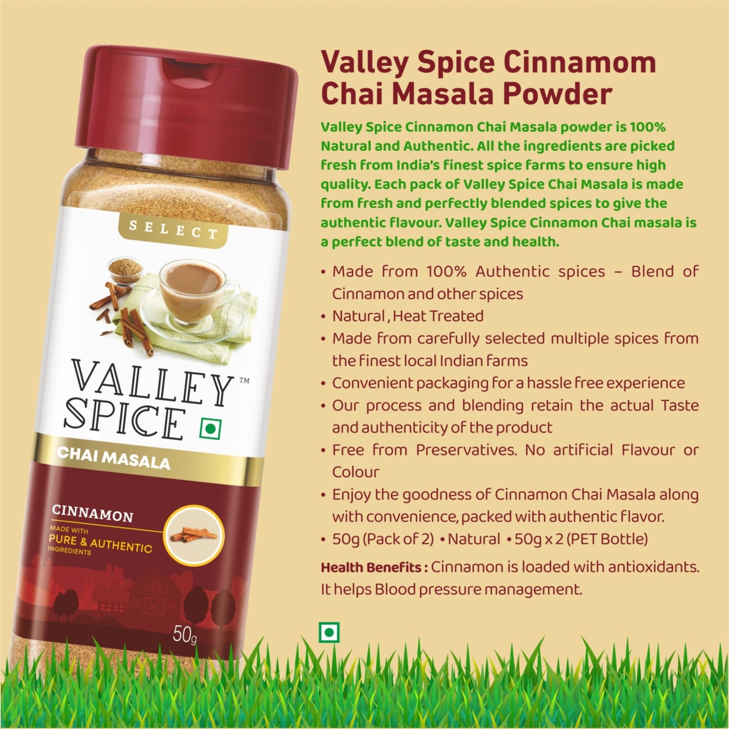 Valley Spice Cinnamon Chai Masala Powder – 50g (Pack of 2) - Jain Farm Fresh Foods Ltd