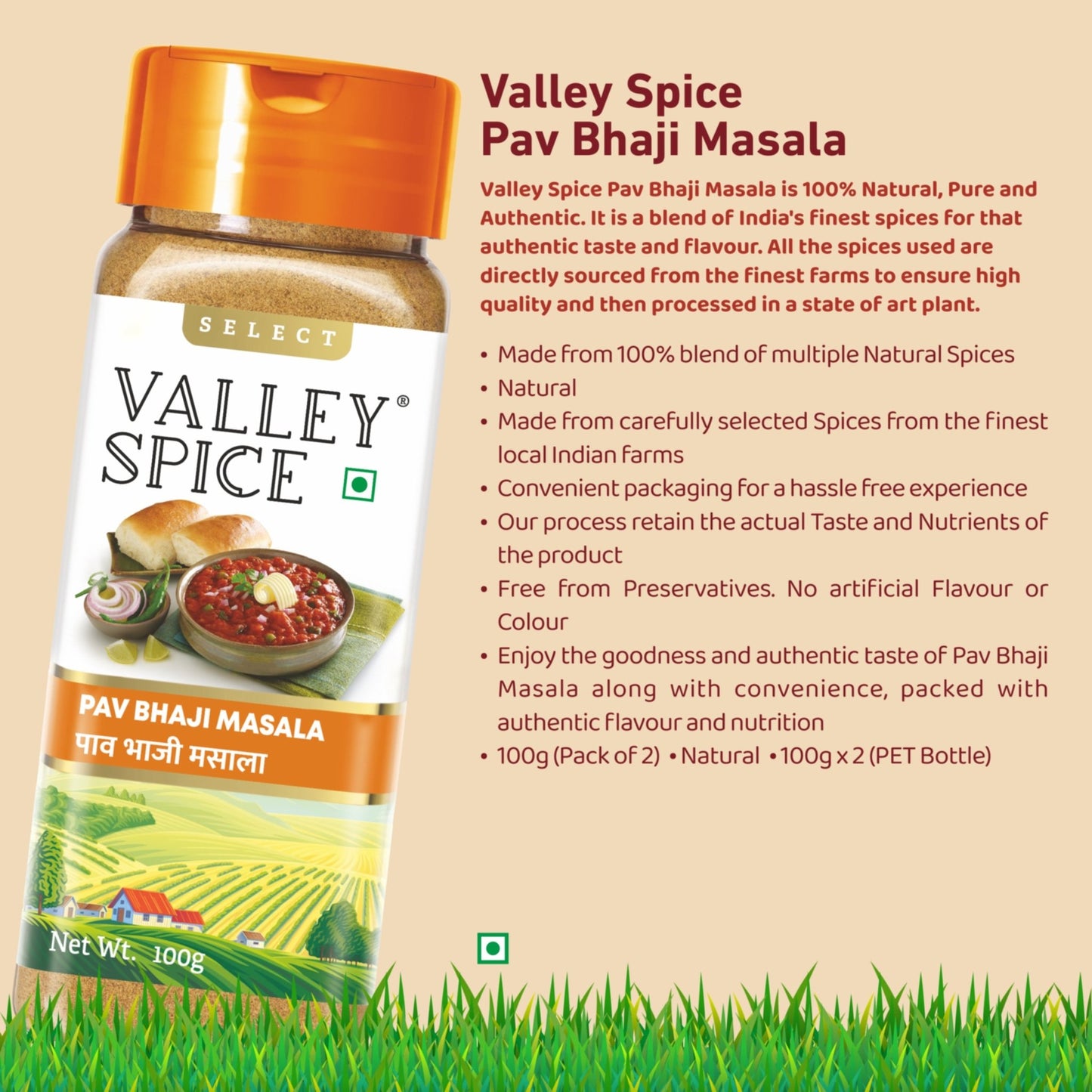 Valley Spice Pav Bhaji Masala - 100g (Pack of 2) - Jain Farm Fresh Foods Ltd