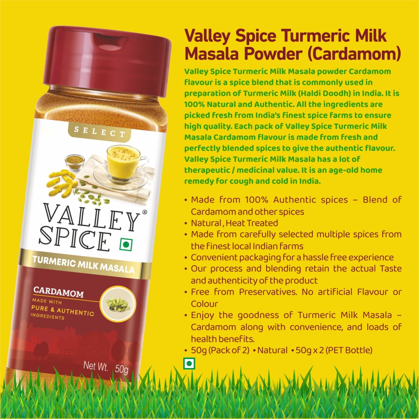 Valley Spice Turmeric Milk Masala Powder (Cardamom) –50g (Pack of 2) - Jain Farm Fresh Foods Ltd