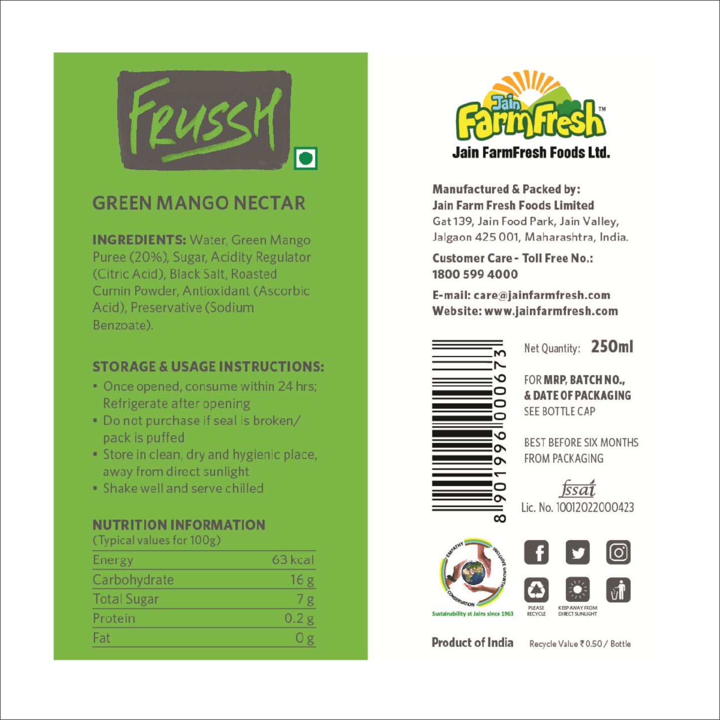 FRUSSH Green Mango Juice – 250ml (Pack of 8)