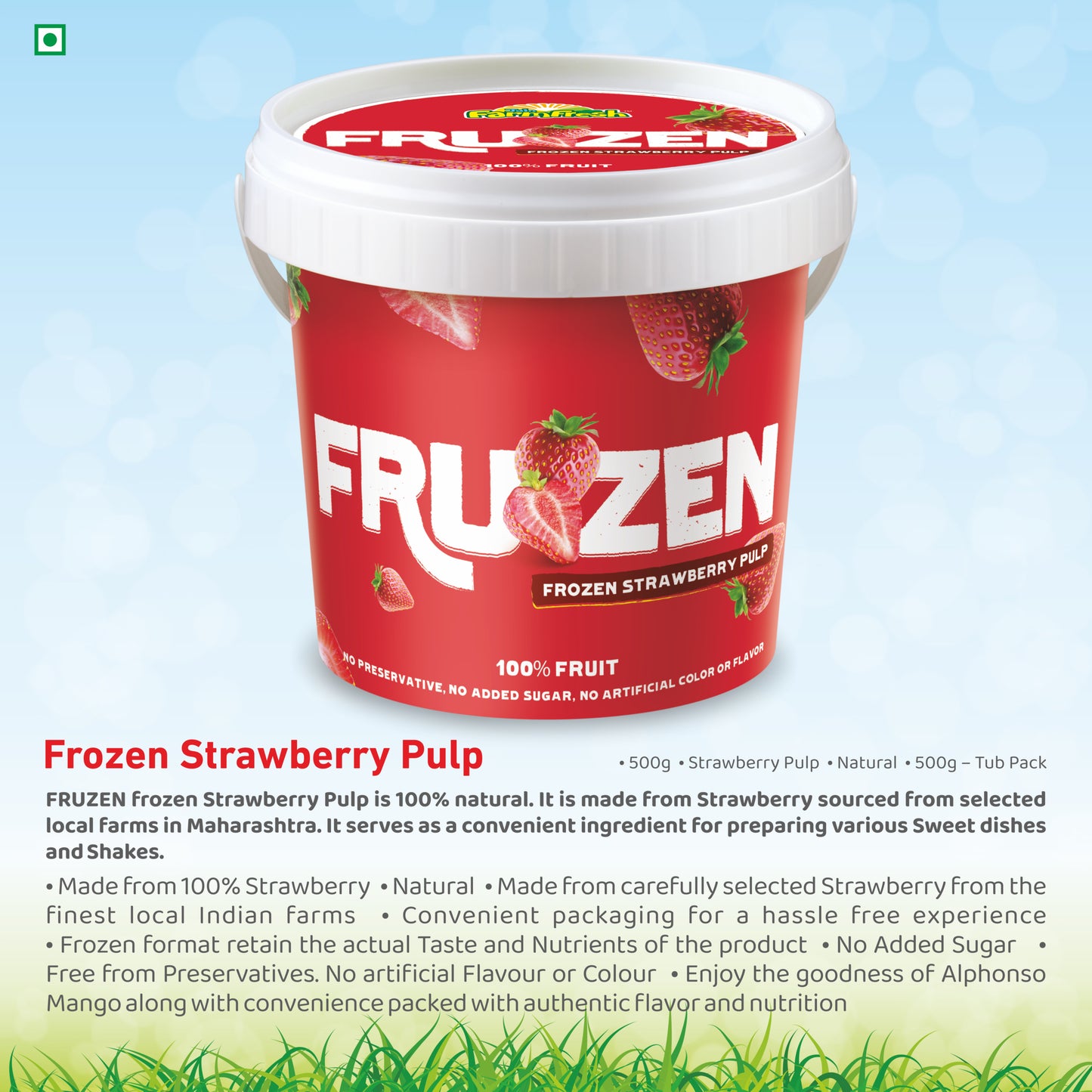 FRUZEN Strawberry Pulp|Strawberry Pulp |Natural |500g – Tub|No Added Sugar