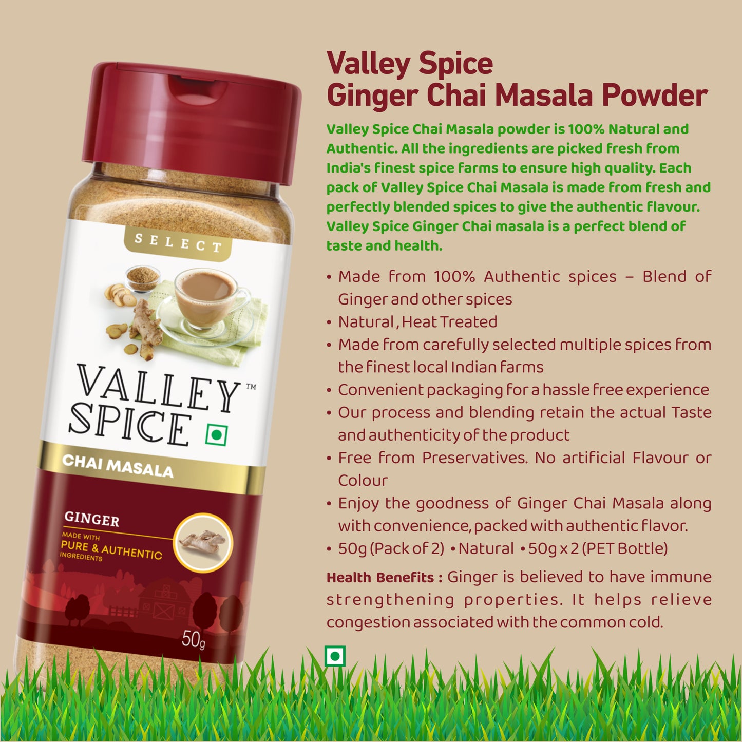 Valley Spice Ginger Chai Masala Powder – 50g (Pack of 2)