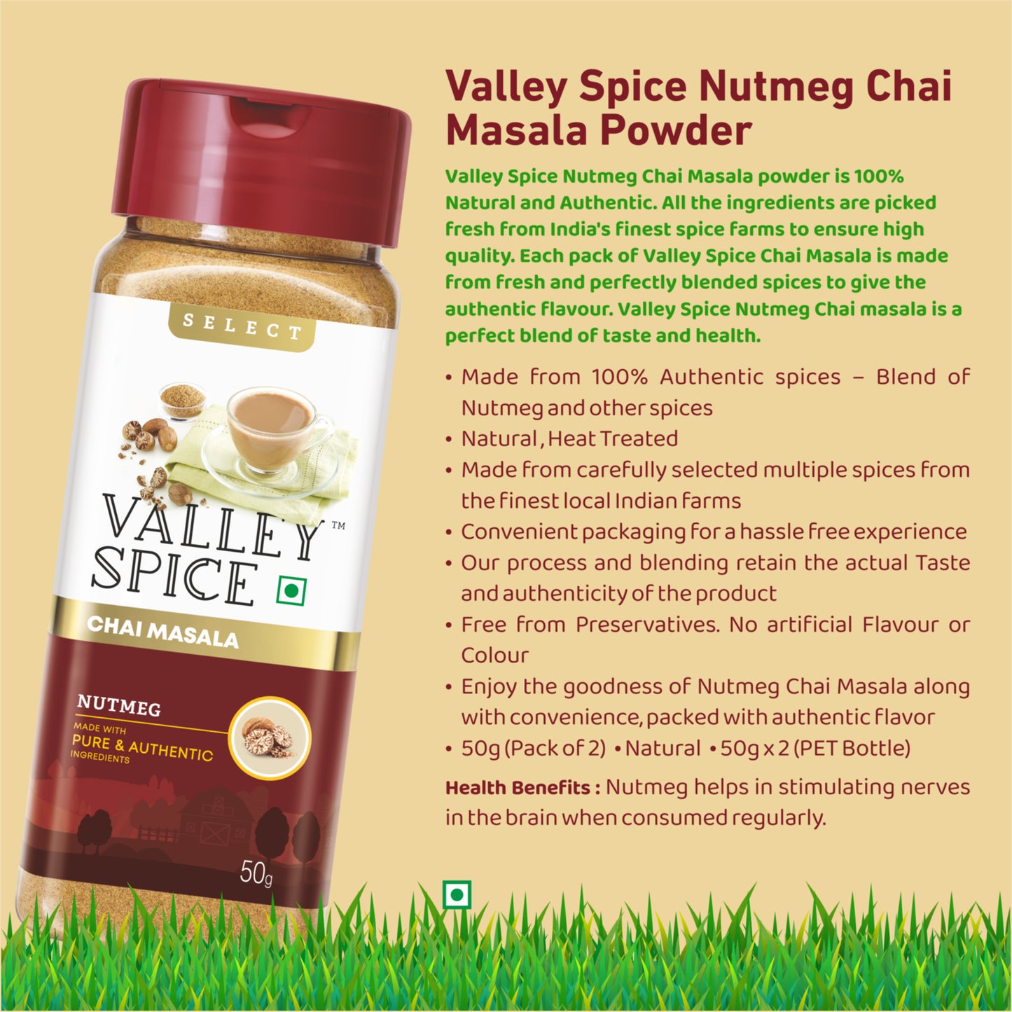 Valley Spice Nutmeg Chai Masala Powder – 50g (Pack of 2)