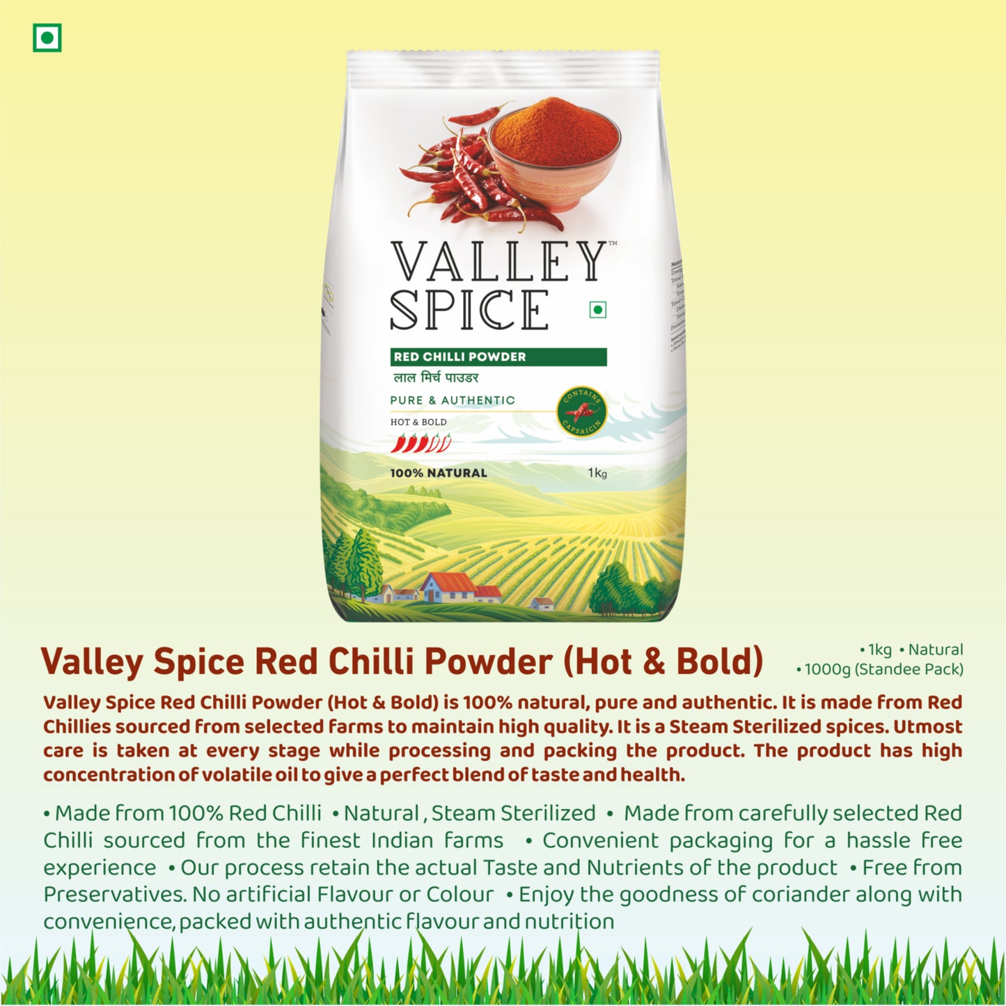 Valley Spice Red Chilli Powder (Hot & Bold) – 1 kg |Red Chilli Powder |Natural | Standee Pack