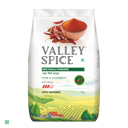 Valley Spice Red Chilli Powder (Hot & Bold) – 1 kg |Red Chilli Powder |Natural | Standee Pack