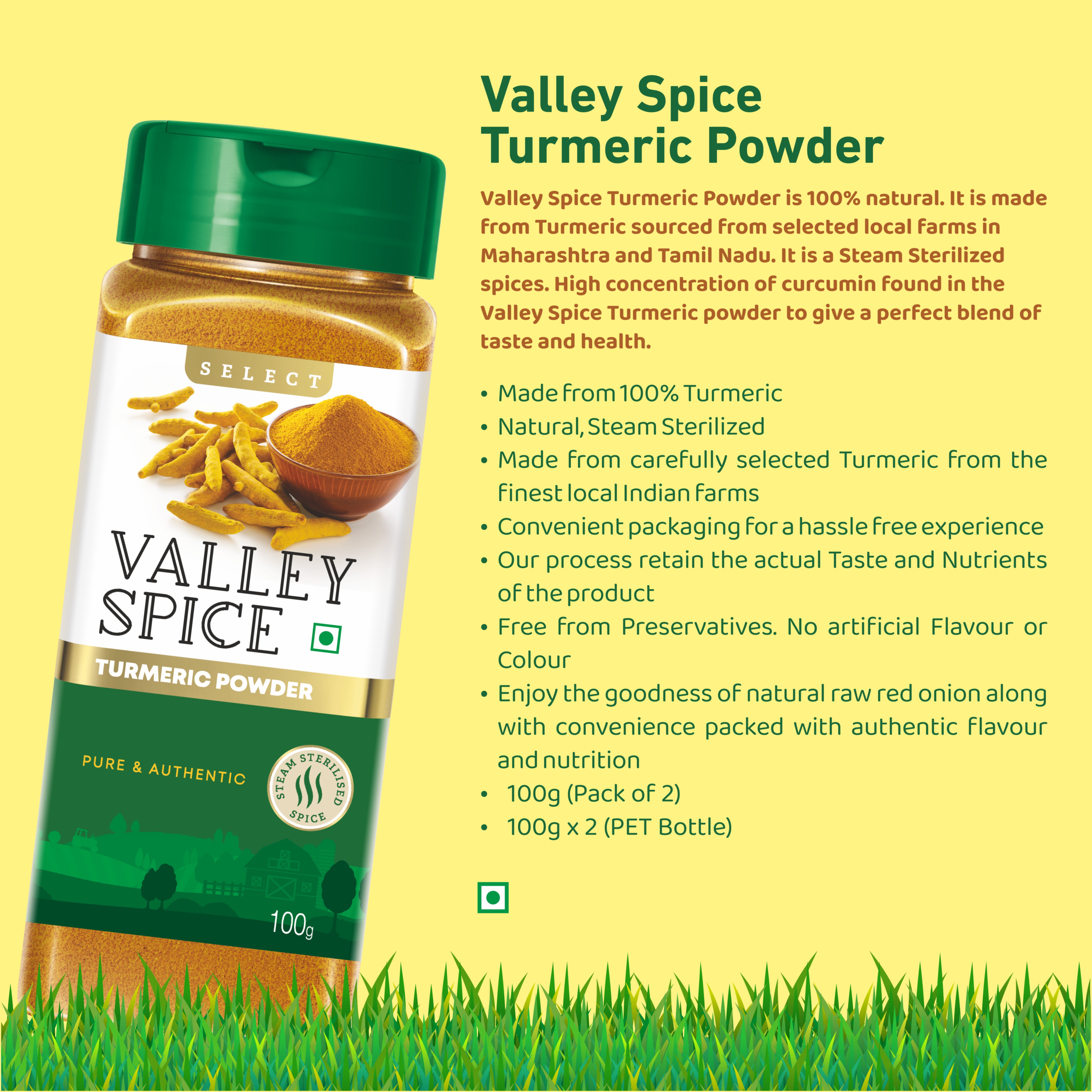 Valley Spice Turmeric Powder - 100g (Pack of 2) – Jain Farm Fresh Foods Ltd