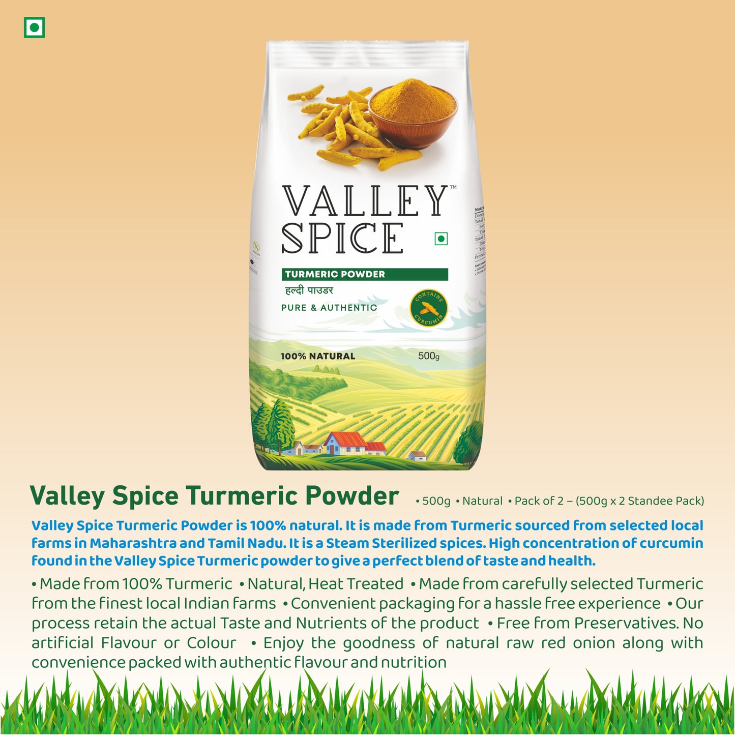 Valley Spice Turmeric Powder –500g (Pack of 2) |Turmeric Powder |Natural |Standee Pack