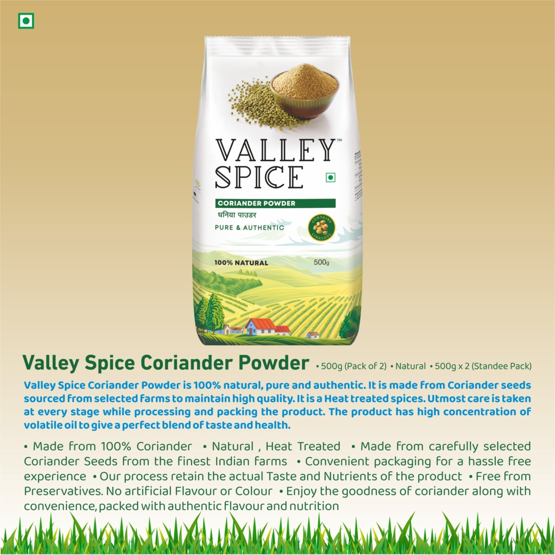 Valley Spice Coriander Powder –500g (Pack of 2) |Coriander Powder |Natural| Standee Pack - Jain Farm Fresh Foods Ltd