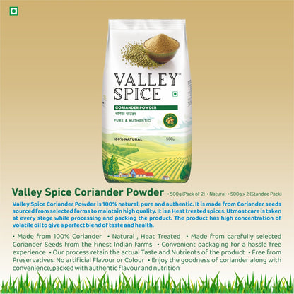 Valley Spice Coriander Powder –500g (Pack of 2) |Coriander Powder |Natural| Standee Pack - Jain Farm Fresh Foods Ltd