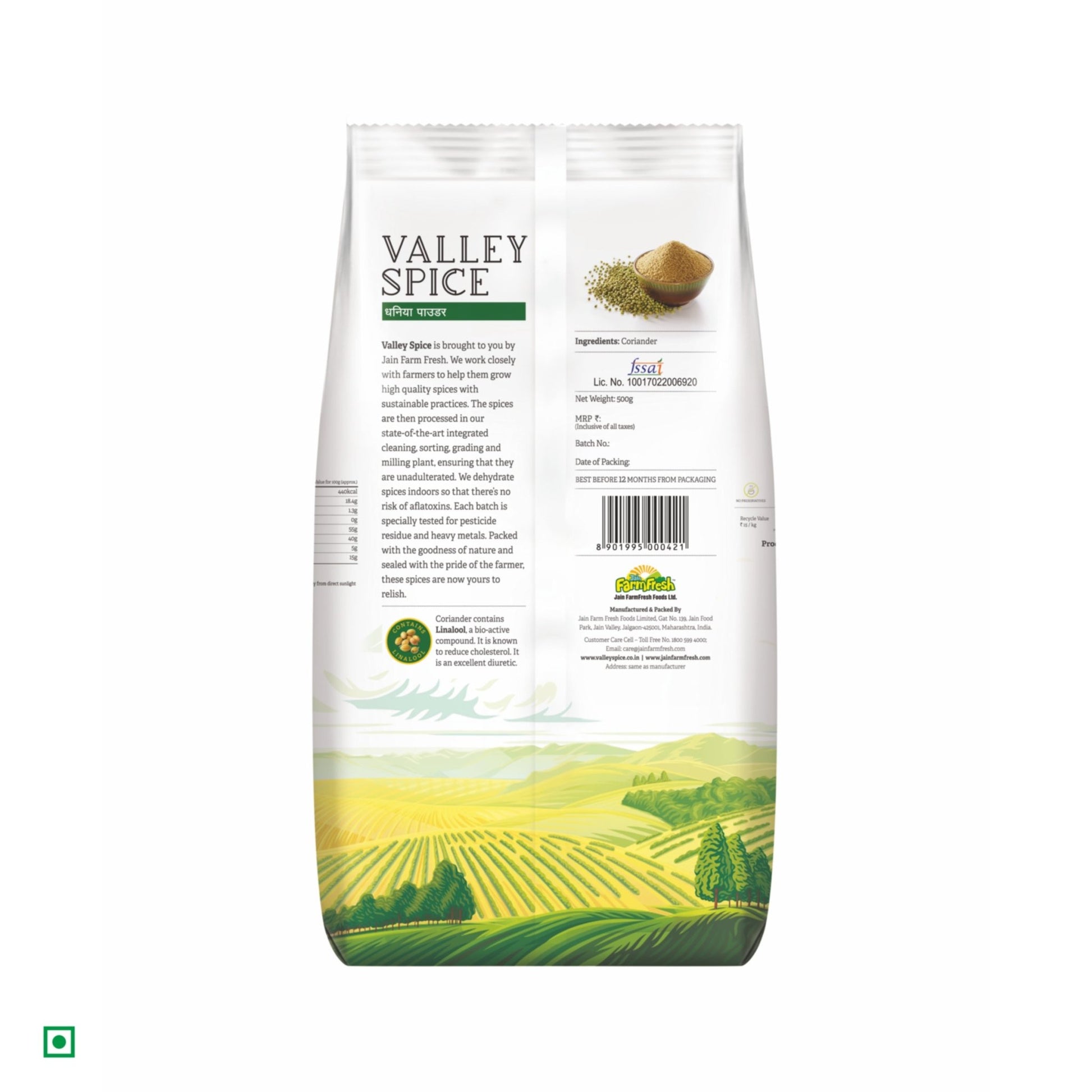 Valley Spice Coriander Powder –500g (Pack of 2) |Coriander Powder |Natural| Standee Pack - Jain Farm Fresh Foods Ltd