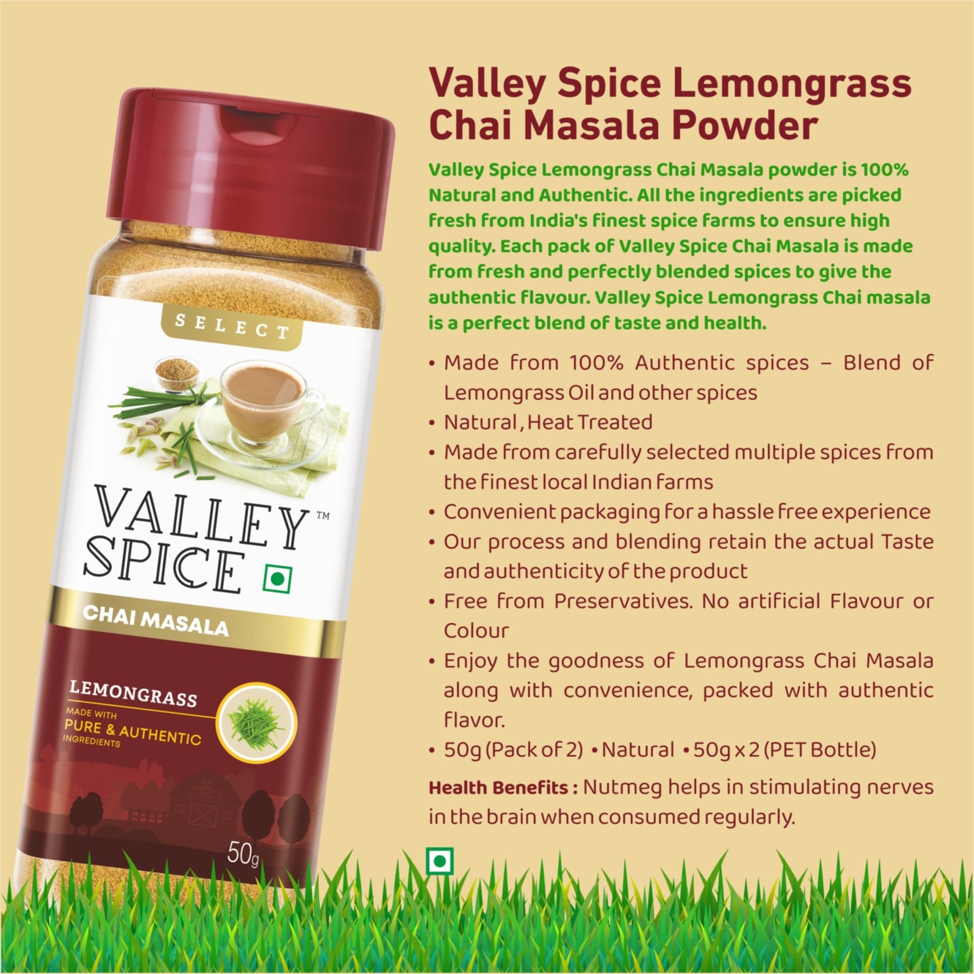 Valley Spice Lemongrass Chai Masala Powder –50g (Pack of 2) - Jain Farm Fresh Foods Ltd
