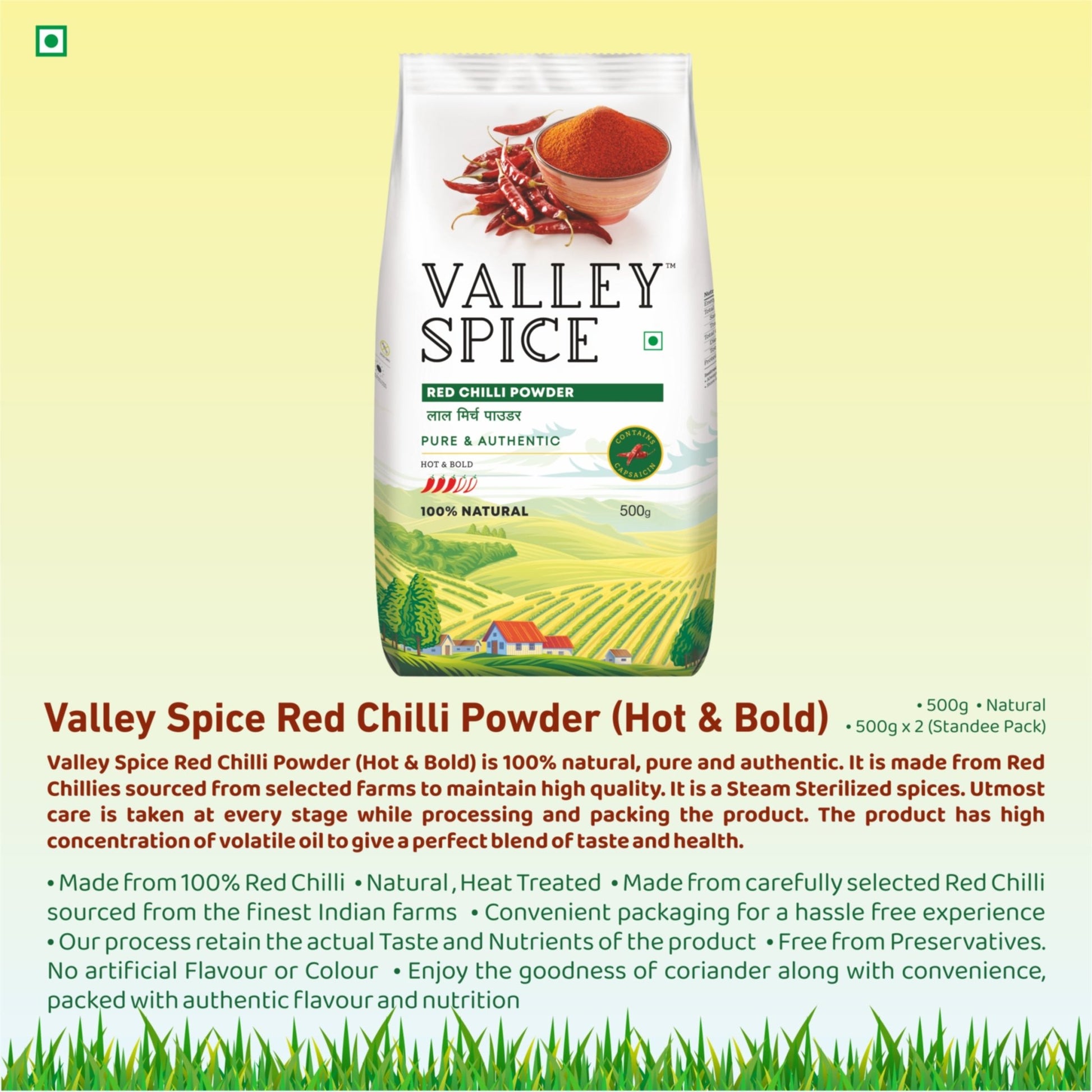 Valley Spice Red Chilli Powder (Hot & Bold) – 500g (Pack of 2) |Red Chilli Powder |Natural |Standee Pack - Jain Farm Fresh Foods Ltd