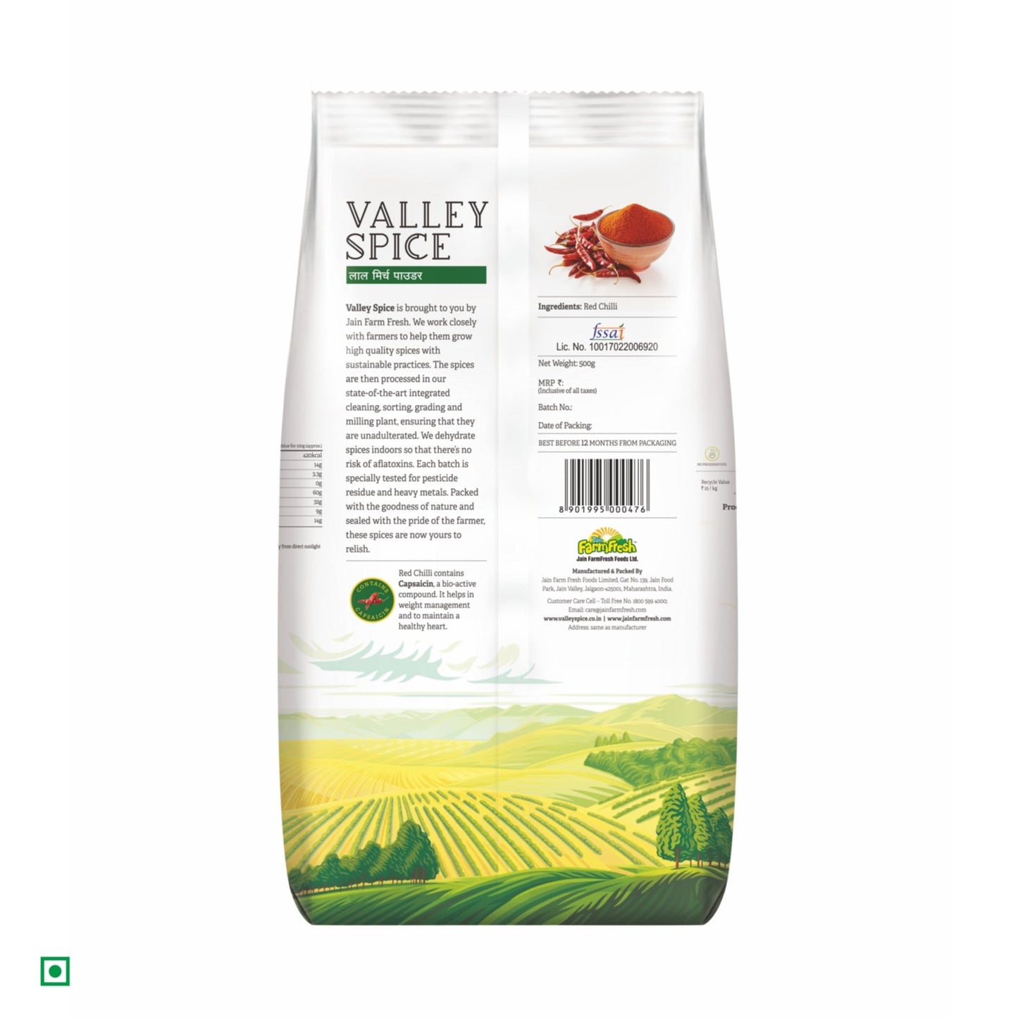 Valley Spice Red Chilli Powder (Hot & Bold) – 500g (Pack of 2) |Red Chilli Powder |Natural |Standee Pack - Jain Farm Fresh Foods Ltd