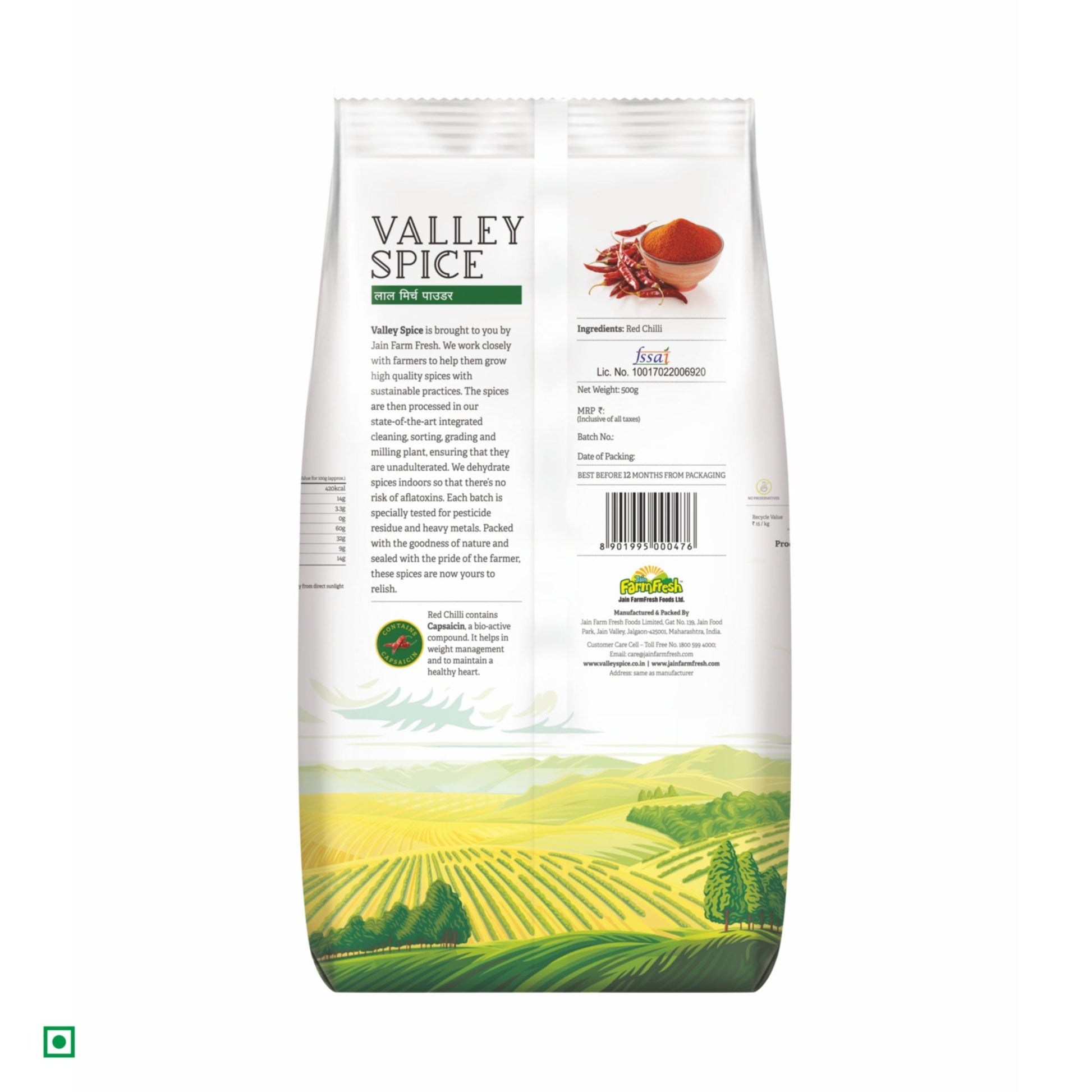 Valley Spice Red Chilli Powder (Hot & Bold) – 500g (Pack of 2) |Red Chilli Powder |Natural |Standee Pack - Jain Farm Fresh Foods Ltd