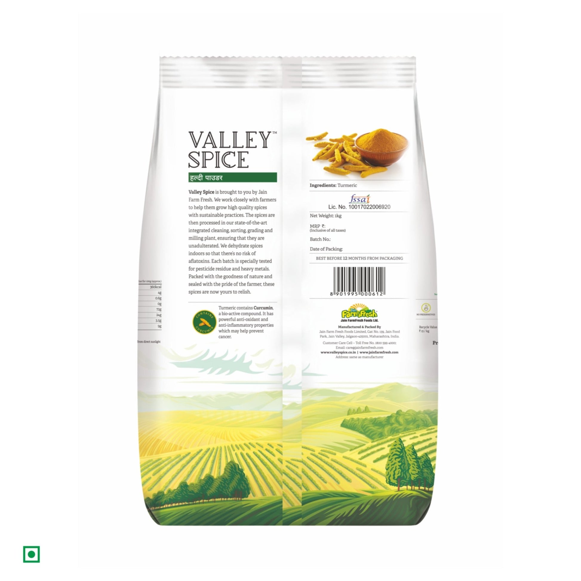 Valley Spice Turmeric Powder –1 kg |Turmeric Powder |Natural |Standee Pack - Jain Farm Fresh Foods Ltd